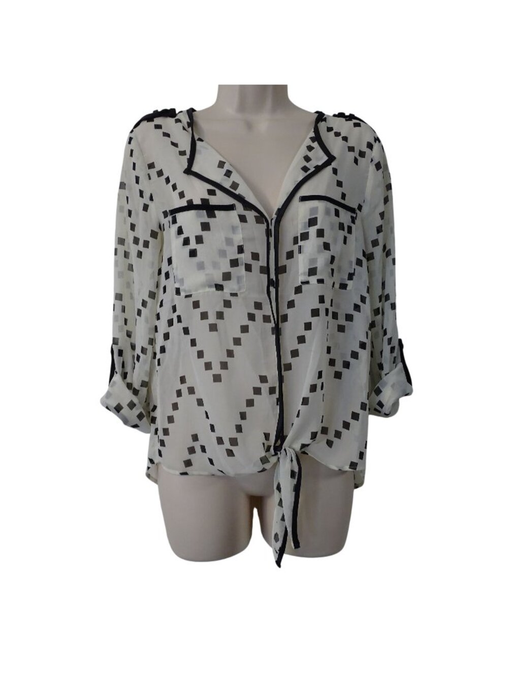 Mind Code Sheer Long Sleeve Cream Black Geometric Blouse Women Size S Tie Front